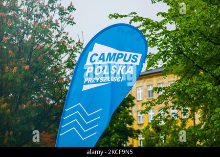 Campus Polska Przyszlosci banner is seen during the meeting and conference organized by the Wawel Castle in Krakow, Poland on 16 May, 2021. The week-long even called Campus Polska Przyszlosci, organized by Rafal Trzaskowski’s opposition movement Wspolna Polska, will take place at the turn of August and September in Kortow, the campus of the University of Warmia and Mazury in Olsztyn. Thousand of young people will take part in workshops, debates, concerts, theater performances and sports activities. (Photo by Beata Zawrzel/NurPhoto) Stock Photo