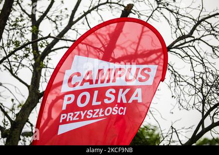 Campus Polska Przyszlosci banner is seen during the meeting and conference organized by the Wawel Castle in Krakow, Poland on 16 May, 2021. The week-long even called Campus Polska Przyszlosci, organized by Rafal Trzaskowski’s opposition movement Wspolna Polska, will take place at the turn of August and September in Kortow, the campus of the University of Warmia and Mazury in Olsztyn. Thousand of young people will take part in workshops, debates, concerts, theater performances and sports activities. (Photo by Beata Zawrzel/NurPhoto) Stock Photo