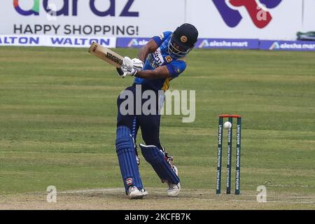 Sri Lanka's captain Kusal Perera plays a shot during the third and final one-day international (ODI) cricket match between Bangladesh and Sri Lanka at Sher-e-Bangla National Cricket Stadium in Dhaka on May 28, 2021. (Photo by Ahmed Salahuddin/NurPhoto) Stock Photo