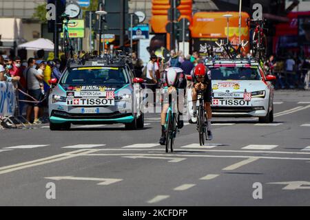 Callum Scotson of Australia and team Bike-Exchange and Harm Vanhoucke of Belgium and Team Lotto Souda during the Giro d'Italia 2021 cycling race following the 21st and last stage on May 30, 2021 in Milan. in Milan, Italy (Photo by Mairo Cinquetti/NurPhoto) Stock Photo
