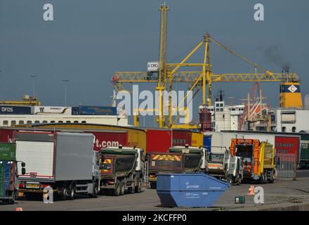 View of a busy Ferry Terminal in Dublin Port . On Monday, May 31, 2021, in Dublin, Ireland. (Photo by Artur Widak/NurPhoto) Stock Photo