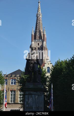 Statue of Simon Stevin by the cathedral tower in the city of Bruges (Brugge) in Belgium, Europe. Simon Stevin sometimes called Stevinus, was a Flemish mathematician, physicist and military engineer. (Photo by Creative Touch Imaging Ltd./NurPhoto) Stock Photo