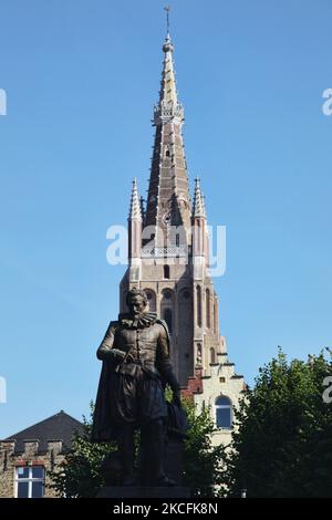 Statue of Simon Stevin by the cathedral tower in the city of Bruges (Brugge) in Belgium, Europe. Simon Stevin sometimes called Stevinus, was a Flemish mathematician, physicist and military engineer. (Photo by Creative Touch Imaging Ltd./NurPhoto) Stock Photo