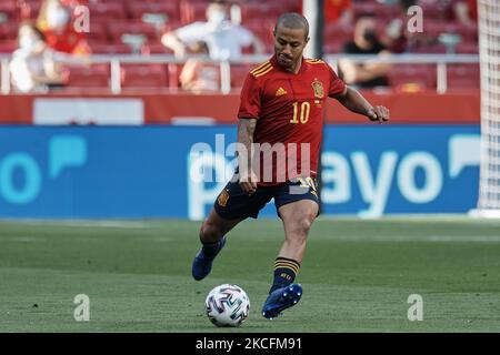 Thiago Alcantara (Liverpool FC) of Spain does passed during the international friendly match between Spain and Portugal at Estadio Wanda Metropolitano on June 4, 2021 in Madrid, Spain. (Photo by Jose Breton/Pics Action/NurPhoto) Stock Photo