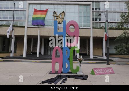 View of an anti-monument and a black ribbon in memory of the 49 children who died during the fire 12 years ago at the ABC daycare center in Hermosillo, Sonora, located outside the Mexican Social Security Institute (IMSS) facilities in Mexico City. (Photo by Gerardo Vieyra/NurPhoto) Stock Photo