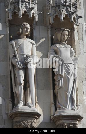 Statues adorn the exterior of the Basilica of the Holy Blood and Saint Basil Chapel at the Burg Square in the city of Bruges (Brugge) in Belgium, Europe. (Photo by Creative Touch Imaging Ltd./NurPhoto) Stock Photo