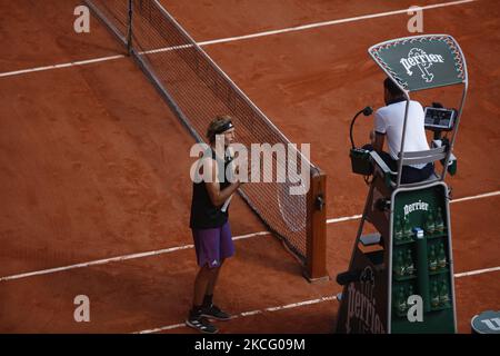 Alexander Sascha Zverev of Germany during day 13 of Roland-Garros 2021, French Open 2021, a Grand Slam tennis tournament on June 11, 2021 at Roland-Garros stadium in Paris, France. (Photo by Mehdi Taamallah/NurPhoto) Stock Photo