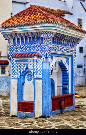 City of Chefchaouen located in the Rif Mountains in Morocco, Africa. Chefchaouen (also called Chaouen) is known as the 'Blue City' due to the fact that many of its buildings are painted blue in colour, which is said to symbolize the sky and heaven, and serve as a reminder to lead a spiritual life. (Photo by Creative Touch Imaging Ltd./NurPhoto) Stock Photo