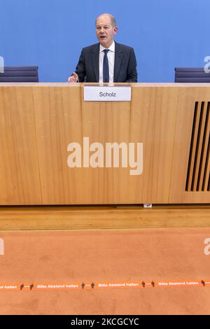 German Finance Minister and SPD Chancellor Candidate Olaf Scholz Presents 2022 Federal Budget Proposal at the Bundespressekonferenz in Berlin, Germany on June 23, 2021. (Photo by Emmanuele Contini/NurPhoto) Stock Photo