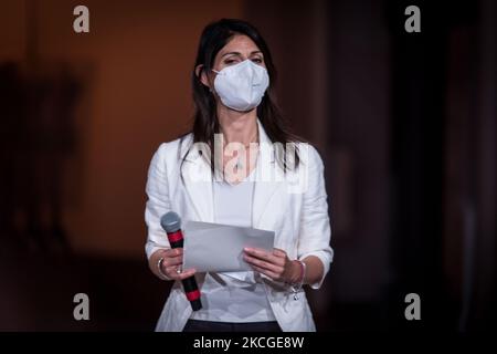 Virginia Raggi attends ''Embodying Pasolini'' Press Conference at the Mattatoio (Rome's former Slaughterhouse) on June 24, 2021 in Rome, Italy. As part of the ROMAISON project Olivier Saillard and Tilda Swinton have created Embodying Pasolini, who will be premiered in Rome, in the spaces of the Pelanda and the Mattatoio exhibition pavilion, on 25 June 2021. (Photo by Andrea Ronchini/NurPhoto) Stock Photo