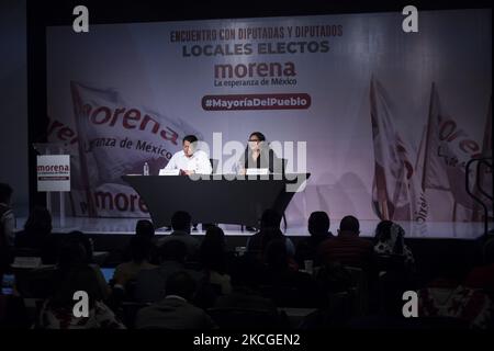 Mario Delgado Carrillo, president of the National Regeneration Movement (Morena by its acronym in Spanish), and Citlalli Hernandez (Former Senator of the Mexican Republic) inaugurate the meeting between elected local legislators from all over the country and the leadership of said party at the Hilton Alameda Hotel in Mexico City, Mexico, on June 24, 2021. (Photo by Cristian Leyva/NurPhoto) Stock Photo