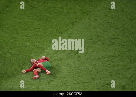 Cristiano Ronaldo of Portugal injured during the UEFA European Championship 2020 football match between Portugal and France at Stadium Puskas Ferenc on June 23, 2021 in Budapest, Hungary. (Photo by Alex Nicodim/NurPhoto) Stock Photo