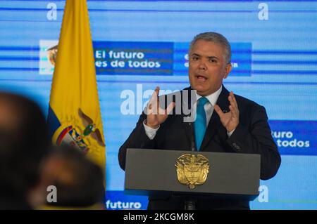Colombia's president Ivan Duque Marquez, gives a speech during a press conference regarding the first line of Bogota's metro system that will inaugurate by 2028, broadcasted live on TV along the minister of transportation, Angela Maria Orozco, manager of Bogota's metro, Mauricio Ramirez, Bogota's mayor, Claudia Lopez, Nicolas Garcia Governor of Cundinamarca and President of Colombia Ivan Duque. In Bogota, Colombia on June 29, 2021. (Photo by Sebastian Barros/NurPhoto) Stock Photo