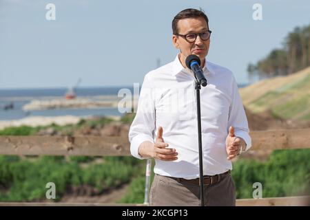 PM Mateusz Morawiecki visiting the construction site of a waterway connecting the Vistula Lagoon with the Gulf of Gdansk is seen in Nowy Swiat, Vistula Spit, Poland on 1 July 2021 Controversial The Vistula Spit canal is curently under construction canal across the Polish section of the Vistula Spit that will create a second connection between the Vistula Lagoon and Gdansk Bay (Baltic Sea) (Photo by Michal Fludra/NurPhoto) Stock Photo