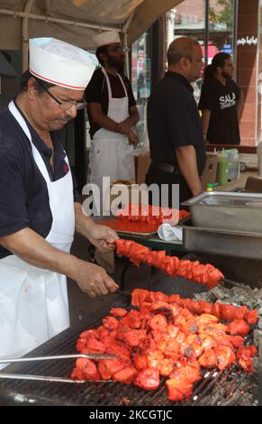 Pakistani chefs cook Lahori tikka kabobs cook on a barbecue grill in Toronto, Ontario, Canada. (Photo by Creative Touch Imaging Ltd./NurPhoto) Stock Photo