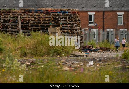 Stacked wooden pallets to build the Eleventh Night bonfire, ahead of the Twelfth of July celebrations, seen in Southern Belfast near Botanic Gardens. On Saturday, 03 July 2021, in Belfast, Northern Ireland (Photo by Artur Widak/NurPhoto) Stock Photo