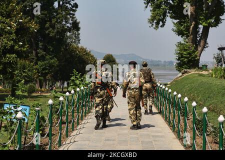 Indian army soldiers on patrol at the Nishat Bagh Mughal Garden during a city-wide curfew after violence erupted in the city of Srinagar, Kashmir, India. (Photo by Creative Touch Imaging Ltd./NurPhoto) Stock Photo