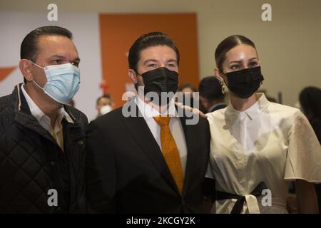 Samuel Garcia, Mariana Rodriguez on July 5, 2021 in Mexico City, Mexico during the press conference in which the leadership of his party, Citizen Movement, gave a report on the results obtained in the elections on June 6. (Photo by Cristian Leyva/NurPhoto) Stock Photo