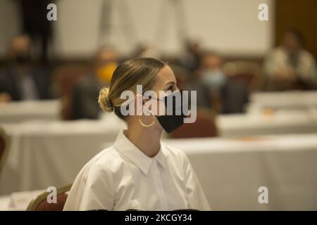 Mariana Rodriguez on July 5, 2021 in Mexico City, Mexico during the press conference in which the leadership of his party, Citizen Movement, gave a report on the results obtained in the elections on June 6. (Photo by Cristian Leyva/NurPhoto) Stock Photo