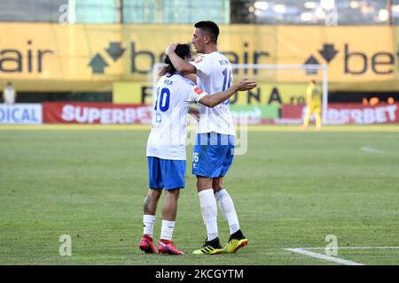 Panagiotis Moraitis (L) and Almedin Ziljkic (R), celebrating a goal during CFR Cluj vs FK Borac Banja Luka, UEFA Champions League, First Qualifying Round, Dr. Constantin Radulescu Stadium, Cluj-Napoca, Romania, 7 July 2021 (Photo by Flaviu Buboi/NurPhoto) Stock Photo