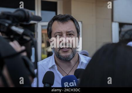 Matteo Salvini at the aperitif Lega event on the beach in Tirrenia, Pisa, Italy, on July 07, 2021. The leader of Lega, Mr Salvini, participates in collecting signatures for the referendum on justice. (Photo by Enrico Mattia Del Punta/NurPhoto) Stock Photo