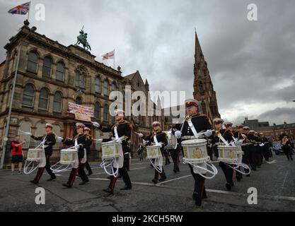 Members of the Orange Order and their supporters take part in the Twelfth of July parade in the Clifton Street area of Belfast as part of the celebrations which marks the victory of King William of Orange over the catholic King James at the Battle of the Boyne in 1690. On Sunday, 12 July 2021, in Belfast, Northern Ireland (Photo by Artur Widak/NurPhoto) Stock Photo