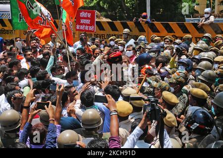 BJP activists protest against the state government over the increase in crime rate and poor law & order, at Civil Lines in Jaipur, Rajasthan, India, Wednesday, July 14, 2021.(Photo by Vishal Bhatnagar/NurPhoto) Stock Photo