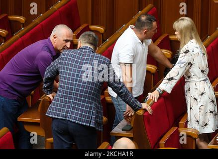 Lawmakers talks during the session of Verkhovna Rada in Kyiv, Ukraine, July 16, 2021. The Parliament of Ukraine has approved Denys Monastyrsky as a new Internal Minister. (Photo by Sergii Kharchenko/NurPhoto) Stock Photo