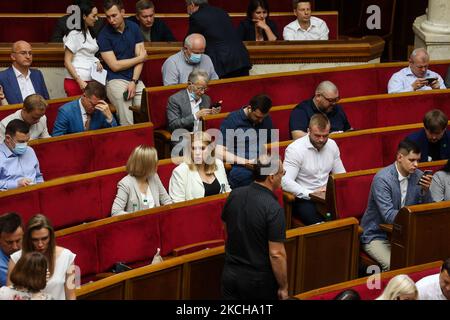 Lawmakers talks during the session of Verkhovna Rada in Kyiv, Ukraine, July 16, 2021. The Parliament of Ukraine has approved Denys Monastyrsky as a new Internal Minister. (Photo by Sergii Kharchenko/NurPhoto) Stock Photo