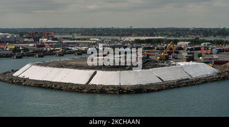 A construction work area inside Dublin container terminals seen from an Irish Ferry 'W.B. Yeats' leaving Dublin Port. On Thursday, July 15, 2021, in Dublin, Ireland. (Photo by Artur Widak/NurPhoto) Stock Photo