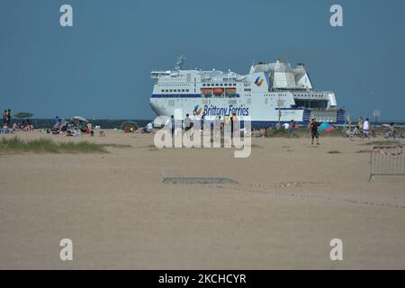 MV Mont St Michel ferry operated by Brittany Ferries leaves Ouistreham to Portsmouth. On Sunday, July 18, 2021, in Ouistreham, Calvados, Normandy, France. (Photo by Artur Widak/NurPhoto) Stock Photo