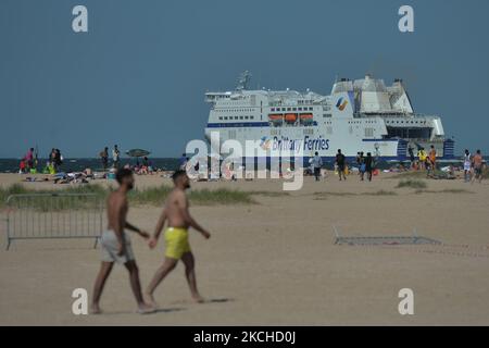 MV Mont St Michel ferry operated by Brittany Ferries leaves Ouistreham to Portsmouth. On Sunday, July 18, 2021, in Ouistreham, Calvados, Normandy, France. (Photo by Artur Widak/NurPhoto) Stock Photo