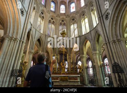 A visitor takes a pictures inside the Abbey of Saint-Étienne, also known as Abbaye aux Hommes, in Caen. On Wednesday, July 20, 2021, in Caen, Calvados, Normandy, France. (Photo by Artur Widak/NurPhoto) Stock Photo