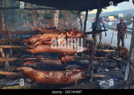 Pigs being roasted by the roadside outside the city of Santiago, Dominican Republic, on December 23, 2011. These pigs will be sold to families for traditional Christmas dinners. Roasted pig is traditionally eaten by most families in the Dominican Republic for dinner during Christmas Eve, especially in the rural areas. (Photo by Creative Touch Imaging Ltd./NurPhoto) Stock Photo