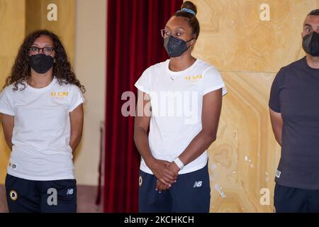 The Roma women's team has arrived in Rieti, Italy on July 24, 2021. The Giallorossi's coach arrived in Piazza Vittorio Emanuele II to receive its first reception from Mayor Antonio Cicchetti. The team will be in Rieti from today until July 31, for the pre-season retreat, then the A team will start at the end of August. Alessandro Spugna's team was welcomed by the mayor, Antonio Cicchetti, as well as the councilman in charge of sports, Roberto Donati, and the councilman in charge of culture, Gianfranco Formichetti. In the afternoon, the team will have its first training session at the Terminill Stock Photo