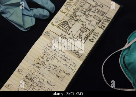 Police officer's notebook from a murder crime scene on display in a classroom at a college teaching Crime Scene Investigation in Toronto, Ontario, Canada, on May 25, 2013. (Photo by Creative Touch Imaging Ltd./NurPhoto) Stock Photo