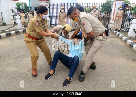 Police personnel detain Akhil Bharatiya Vidyarthi Parishad 'ABVP' activists as they protest against the state government for their demands at Rajasthan University in Jaipur, Rajasthan, India, on, July 26, 2021. (Photo by Vishal Bhatnagar/NurPhoto) Stock Photo