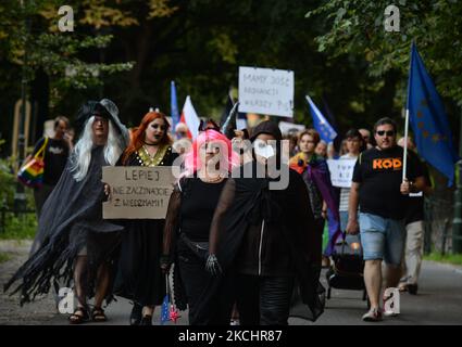 Members of the KOD (Committee for the Defense of Democracy) during the 'March Of Virtuous Women, Witches And Other Citizens' protest against the changes in the education system proposed by Education Minister Przemys?aw Czarnek and the destabilization of the legal system in Poland. On Saturday, July 24, 2021, in Krakow, Lesser Poland Voivodeship, Poland. (Photo by Artur Widak/NurPhoto) Stock Photo