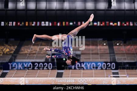 Simone Biles of United States of America during women's qualification for the Artistic Gymnastics final at the Olympics at Ariake Gymnastics Centre, Tokyo, Japan on July 25, 2021. (Photo by Ulrik Pedersen/NurPhoto) Stock Photo