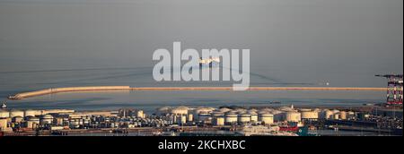 The port of Barcelona registers a historical record of commercial ship traffic, with 1.8 million containers, 31% more than in 2020, badly hit by the Coronavirus pandemic. The record is also 4.2% higher than the same period in 2019. In the photo, a freight ship leaving the port, in Barcelona on 28th July 2021. -- (Photo by Urbanandsport/NurPhoto) Stock Photo