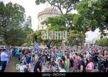 Hundreds of people, less than the big previous rally, are seen at the Demonstration Against The Mandatory Vaccine that was held in Thessaloniki in Greece on Wednesday July 28, 2021. One week after the massive protest against the mandatory vaccination the anti-vaxx campaign continues with a big group protesting in the streets of the city of Thessaloniki. The protest was organized via social media by anti-vaccination believers. According to the group more than 5000 people participated, while the police estimated unofficially slightly around 2.000 people participating in the demonstration. As the Stock Photo