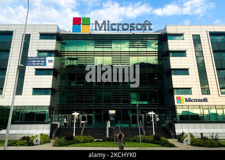 Microsoft logo is seen on the office building in Warsaw, Poland on July 29, 2021. (Photo by Jakub Porzycki/NurPhoto) Stock Photo