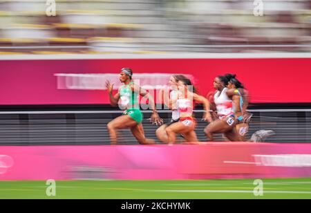 Blessing Okagbare from Nigeria during 100 meter for women at the Tokyo Olympics, Tokyo Olympic stadium, Tokyo, Japan on July 30, 2021. (Photo by Ulrik Pedersen/NurPhoto) Stock Photo