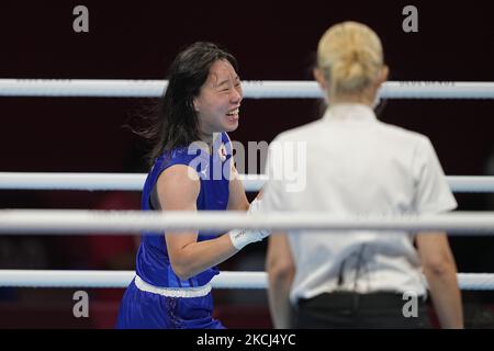 Sena Irie from Japan after winning gold at boxing at the Tokyo Olympics at Kokugikan arena, Tokyo, Japan on August 3, 2021. (Photo by Ulrik Pedersen/NurPhoto) Stock Photo