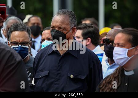 Reverend Jesse Jackson listens as Reverend William Barber II speaks at the Poor People's Campaign Moral Monday demonstration and civil disobedience action near the U.S. Capitol in Washington, D.C. on August 2, 2021 (Photo by Bryan Olin Dozier/NurPhoto) Stock Photo
