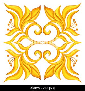 Golden seamless watercolor majolica. Hand drawn watercolor illustration of Sicilian designs on tiles. Victorian traditional patterns and azulejos. Stock Photo