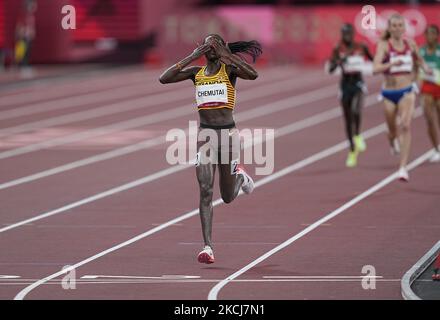 Peruth Chemutai winning 3000 meter steeplechase for women at the Tokyo Olympics, Tokyo Olympic stadium, Tokyo, Japan on August 4, 2021. (Photo by Ulrik Pedersen/NurPhoto) Stock Photo