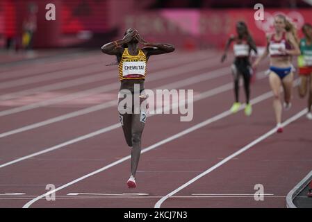 Peruth Chemutai winning 3000 meter steeplechase for women at the Tokyo Olympics, Tokyo Olympic stadium, Tokyo, Japan on August 4, 2021. (Photo by Ulrik Pedersen/NurPhoto) Stock Photo