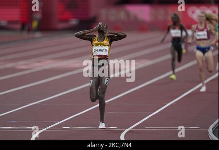 Peruth Chemutai winning 3000 meter steeplechase for women at the Tokyo Olympics, Tokyo Olympic stadium, Tokyo, Japan on August 4, 2021. (Photo by Ulrik Pedersen/NurPhoto) Stock Photo