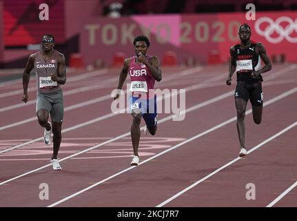 Noah Lyles wins the bronze at 200 meter for men at the Tokyo Olympics, Tokyo Olympic stadium, Tokyo, Japan on August 4, 2021. (Photo by Ulrik Pedersen/NurPhoto) Stock Photo